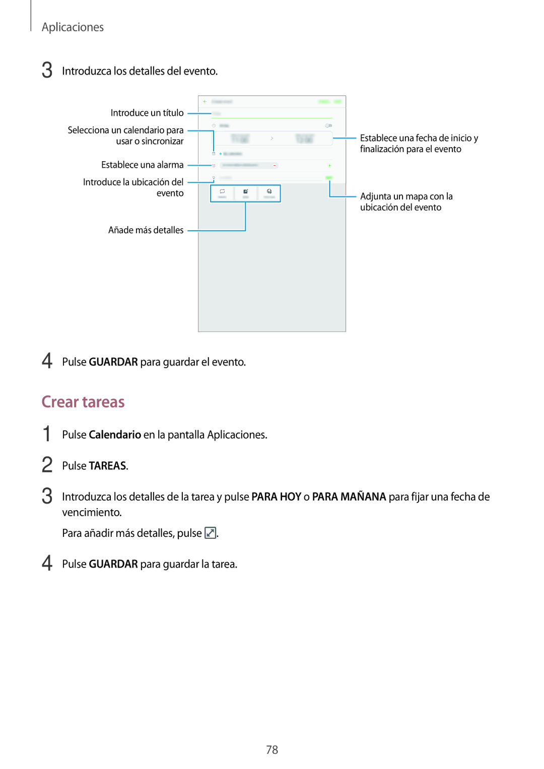 Samsung SM-P580NZKAPHE manual Crear tareas, Introduzca los detalles del evento 