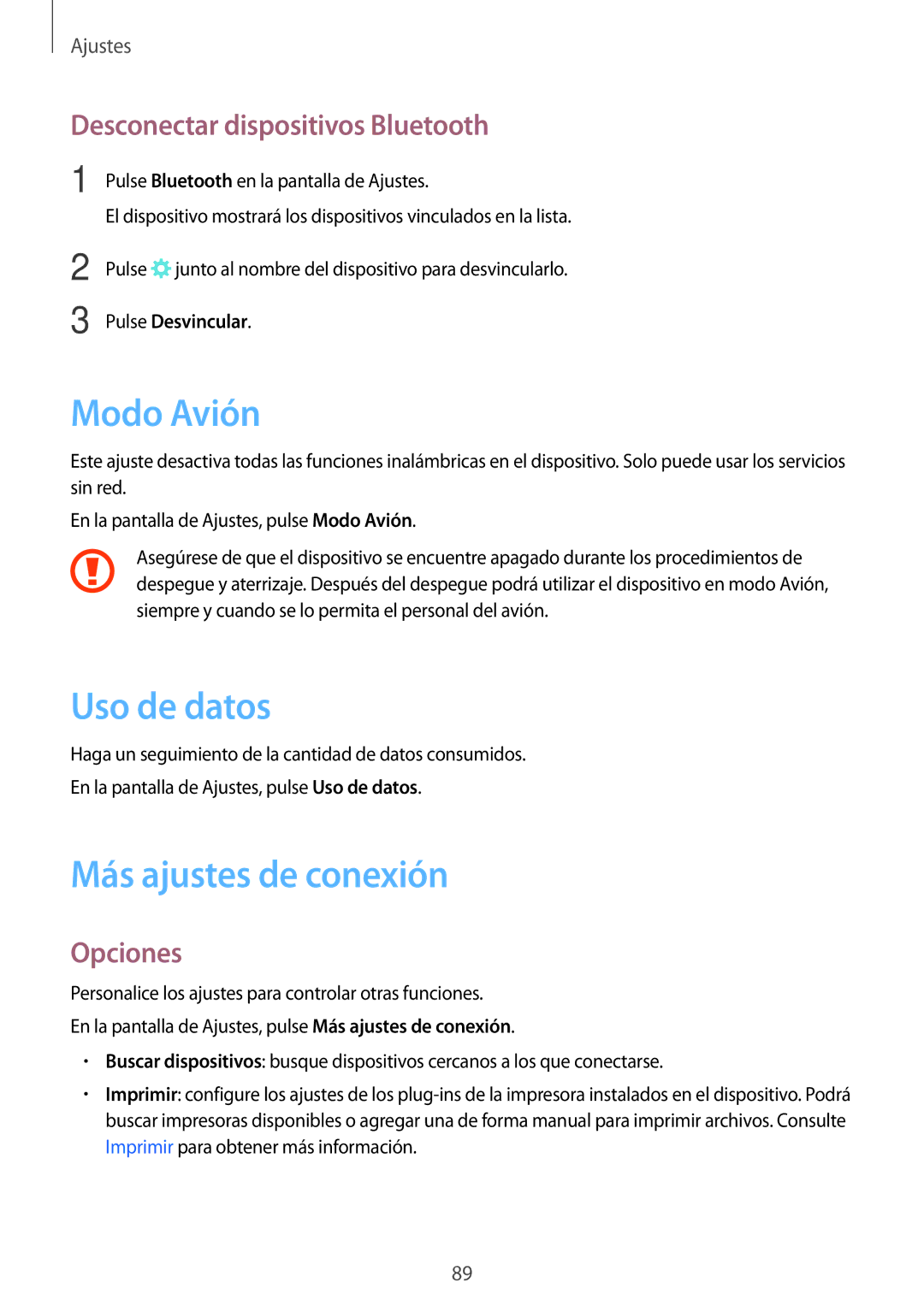 Samsung SM-P580NZKAPHE Modo Avión, Uso de datos, Más ajustes de conexión, Desconectar dispositivos Bluetooth, Opciones 