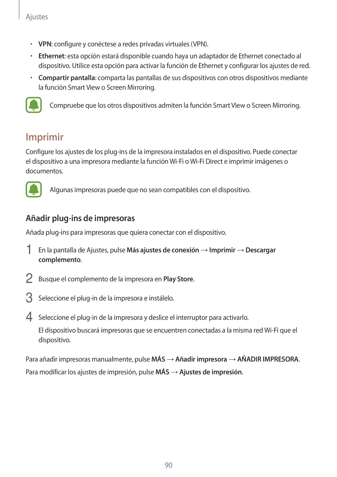 Samsung SM-P580NZKAPHE manual Imprimir, Añadir plug-ins de impresoras 