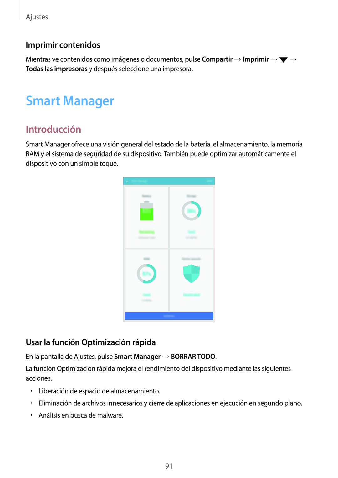 Samsung SM-P580NZKAPHE manual Smart Manager, Imprimir contenidos, Usar la función Optimización rápida 