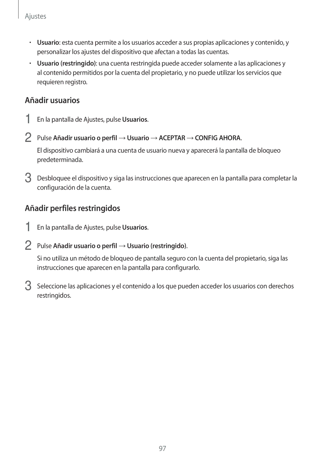 Samsung SM-P580NZKAPHE Añadir usuarios, Añadir perfiles restringidos, Pulse Añadir usuario o perfil →Usuario restringido 