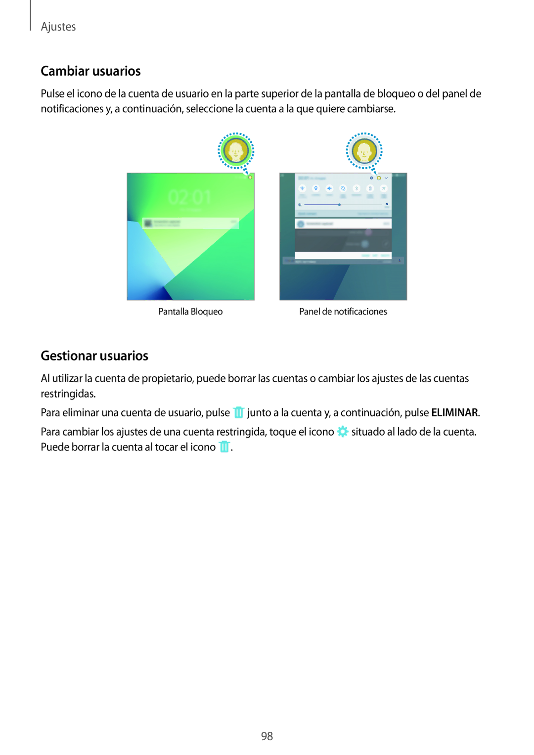 Samsung SM-P580NZKAPHE manual Cambiar usuarios, Gestionar usuarios 