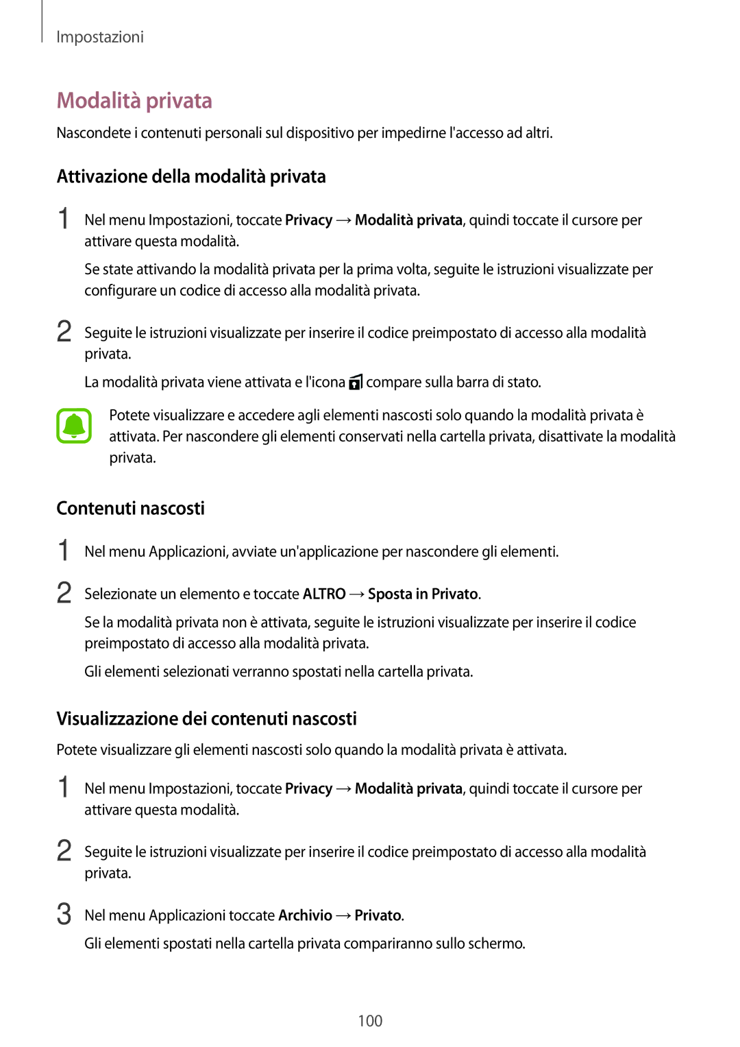 Samsung SM-P580NZKAITV, SM-P580NZKATUR manual Modalità privata, Attivazione della modalità privata, Contenuti nascosti 