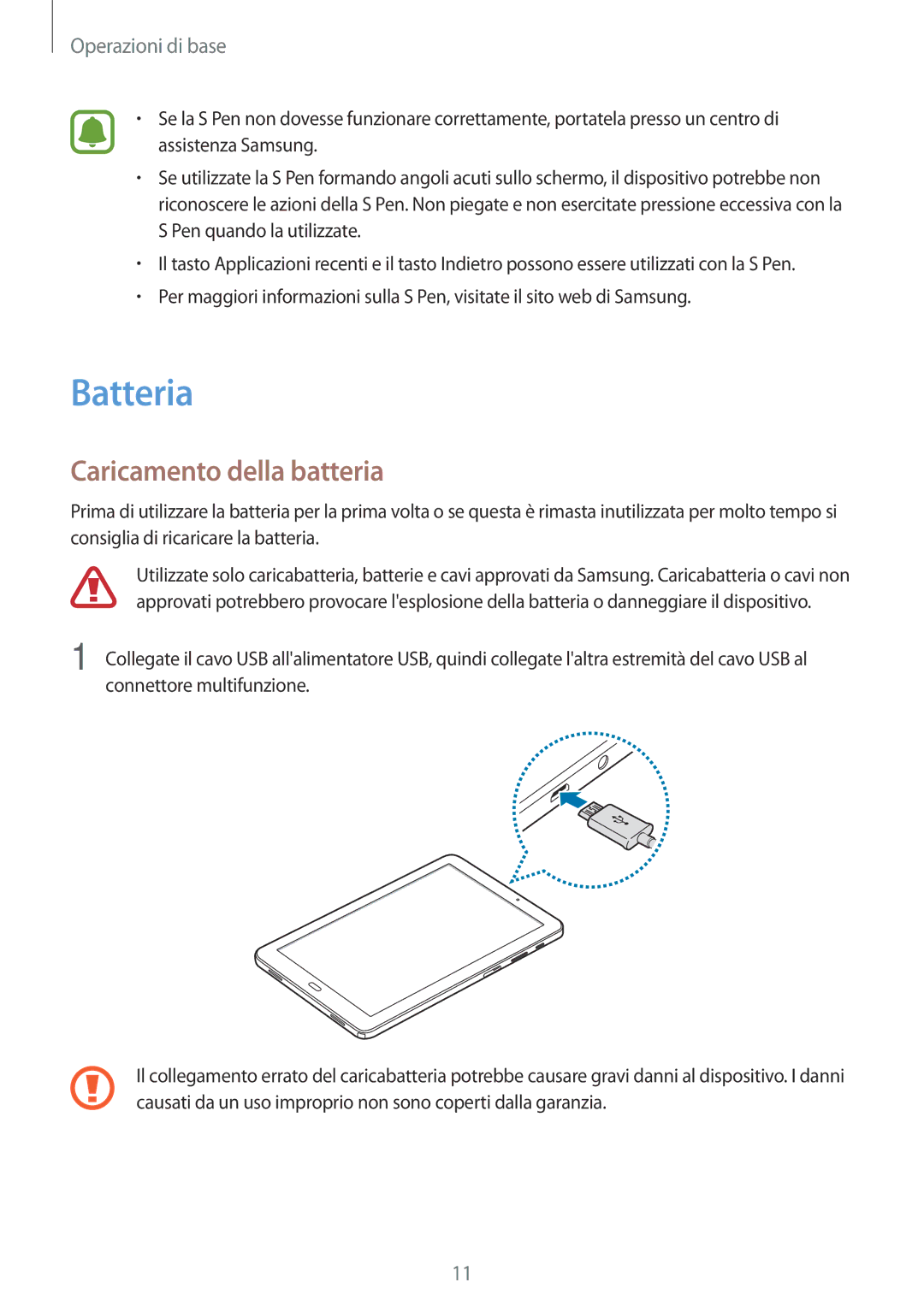 Samsung SM-P580NZWATUR, SM-P580NZKATUR, SM-P580NZKAITV manual Batteria, Caricamento della batteria 