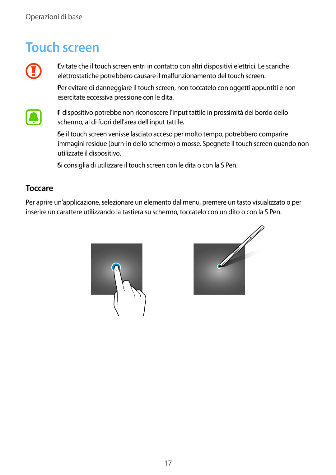 Samsung SM-P580NZWATUR, SM-P580NZKATUR, SM-P580NZKAITV manual Touch screen, Toccare 