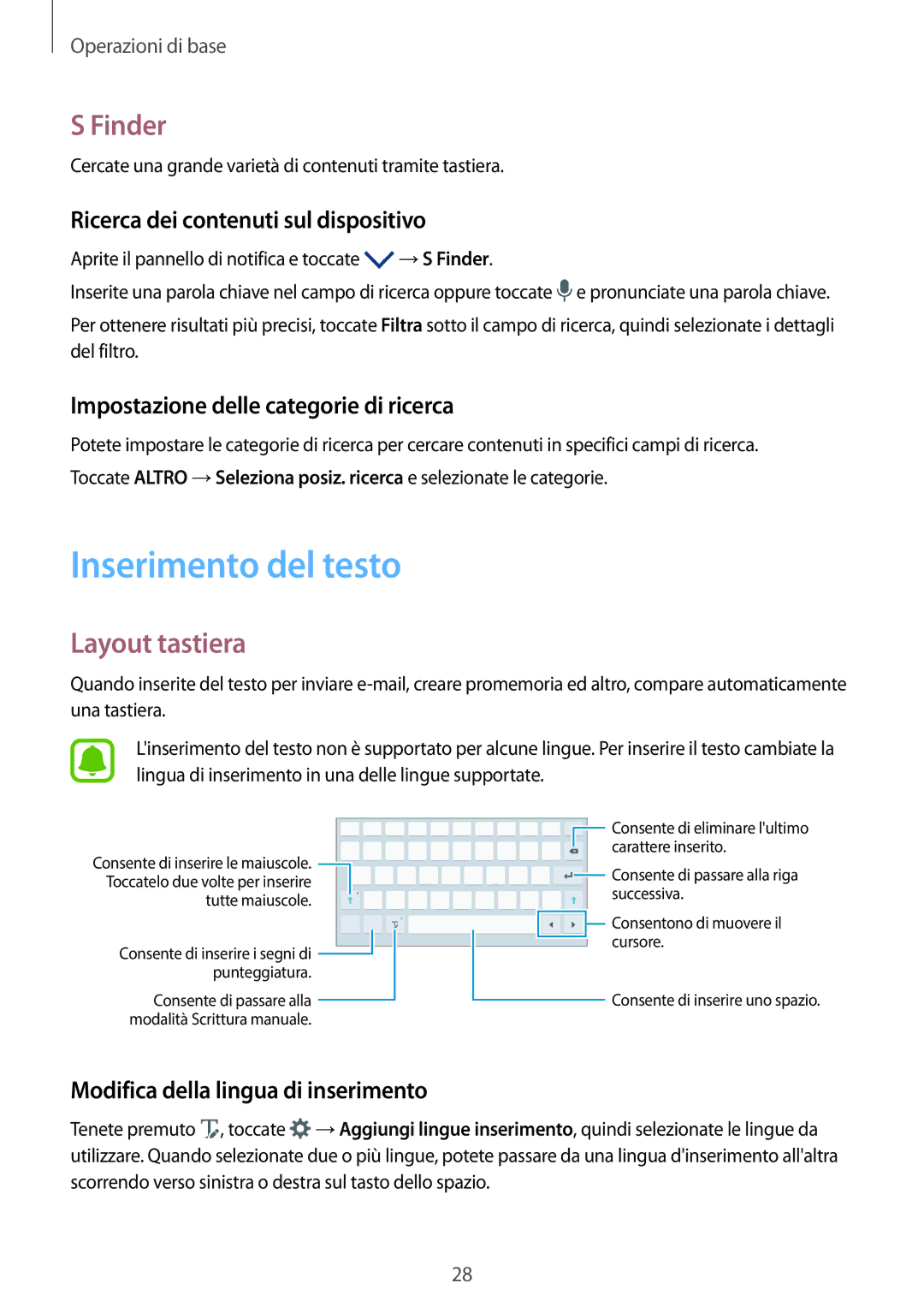 Samsung SM-P580NZKAITV, SM-P580NZKATUR, SM-P580NZWATUR manual Inserimento del testo, Finder, Layout tastiera 