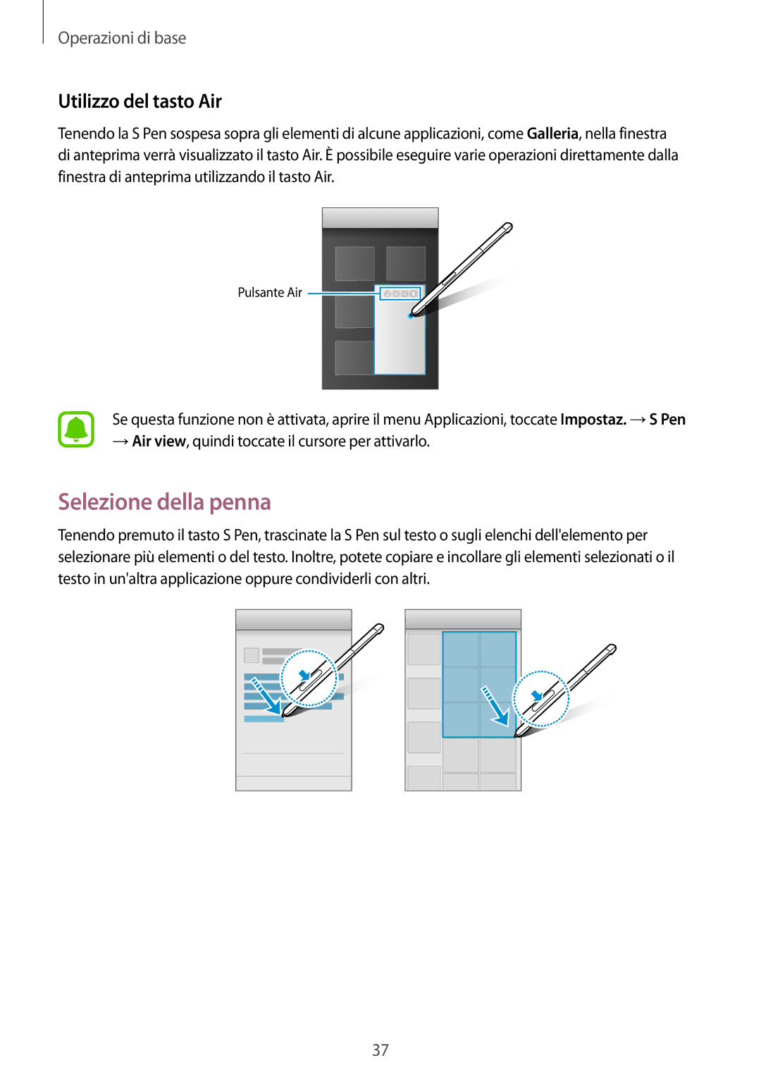 Samsung SM-P580NZKAITV, SM-P580NZKATUR, SM-P580NZWATUR manual Selezione della penna, Utilizzo del tasto Air 