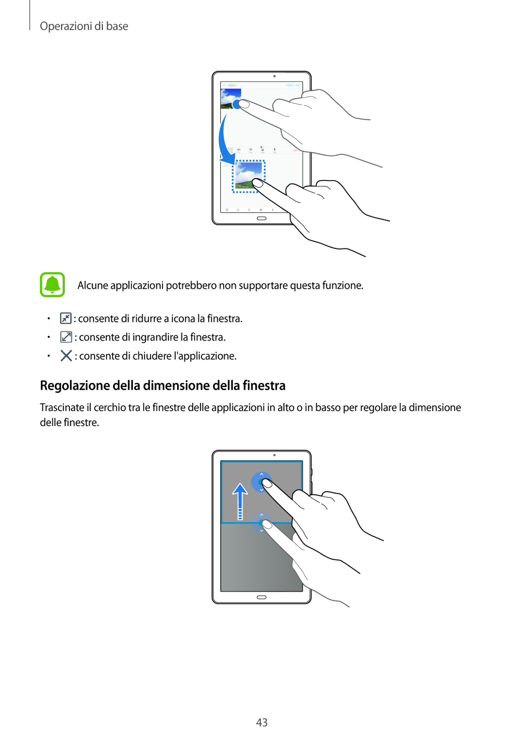 Samsung SM-P580NZKAITV, SM-P580NZKATUR, SM-P580NZWATUR manual Regolazione della dimensione della finestra 