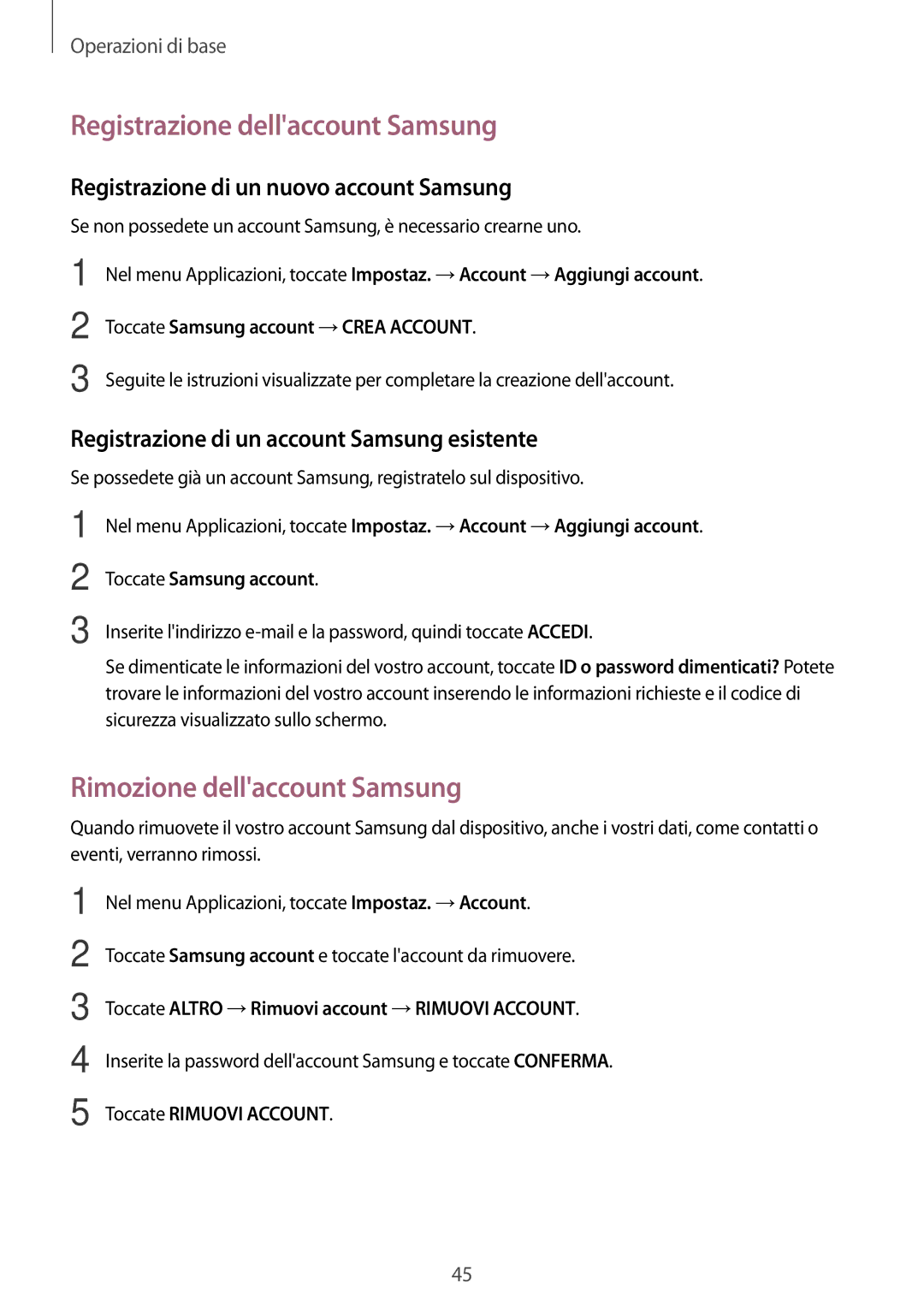 Samsung SM-P580NZKATUR, SM-P580NZKAITV, SM-P580NZWATUR Registrazione dellaccount Samsung, Rimozione dellaccount Samsung 