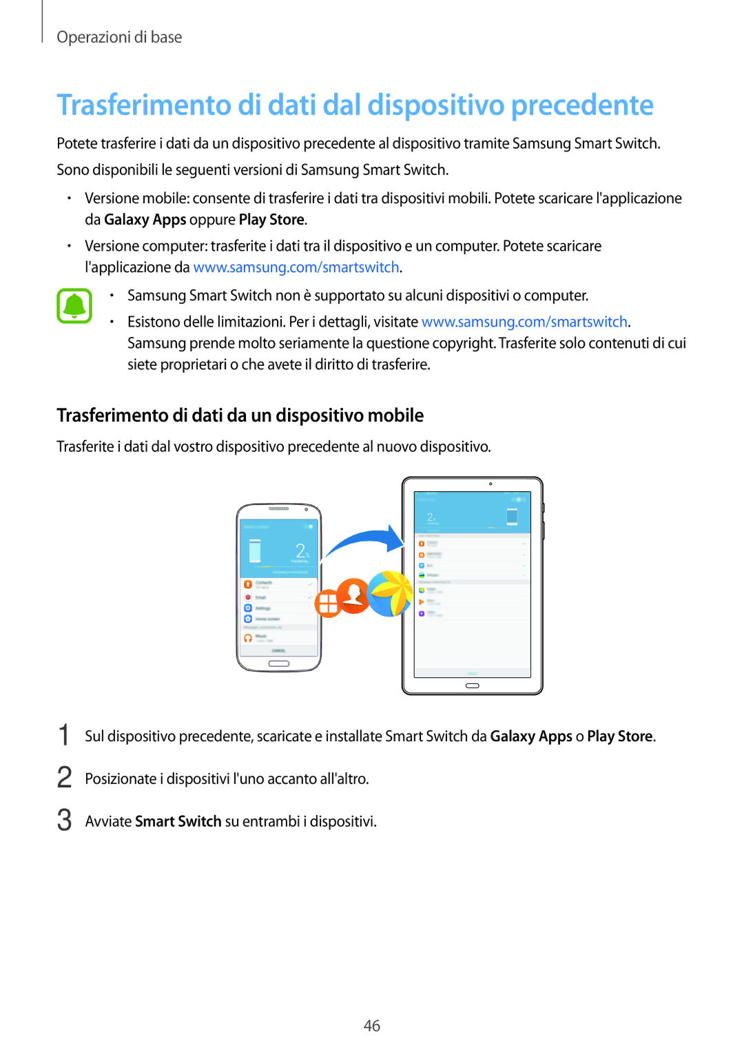 Samsung SM-P580NZKAITV Trasferimento di dati dal dispositivo precedente, Trasferimento di dati da un dispositivo mobile 