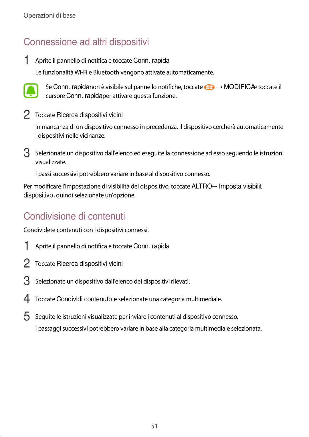 Samsung SM-P580NZKATUR Connessione ad altri dispositivi, Condivisione di contenuti, Toccate Ricerca dispositivi vicini 