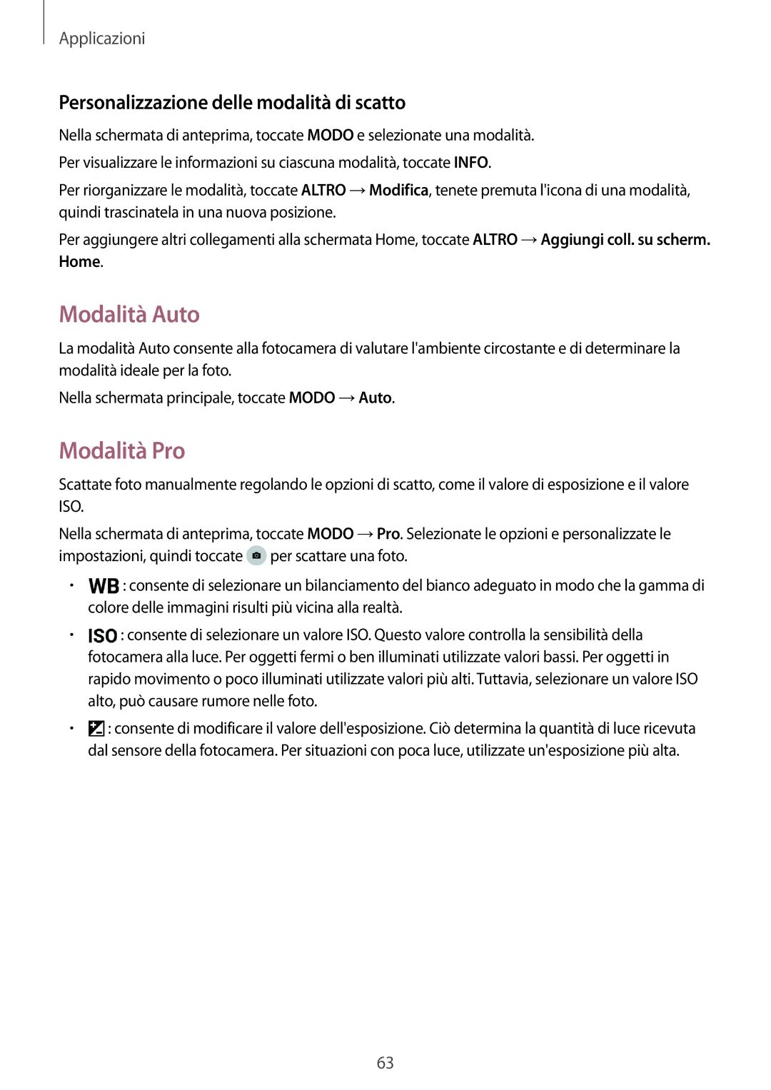 Samsung SM-P580NZKATUR, SM-P580NZKAITV manual Modalità Auto, Modalità Pro, Personalizzazione delle modalità di scatto 