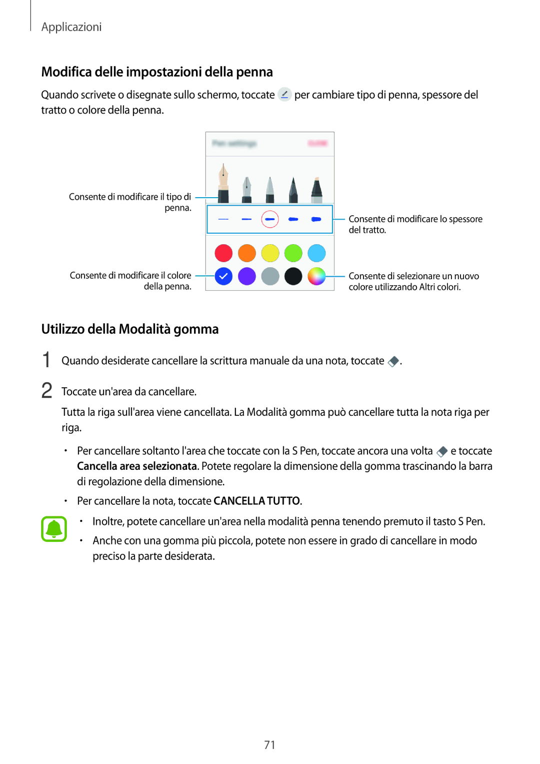 Samsung SM-P580NZWATUR, SM-P580NZKATUR manual Modifica delle impostazioni della penna, Utilizzo della Modalità gomma 