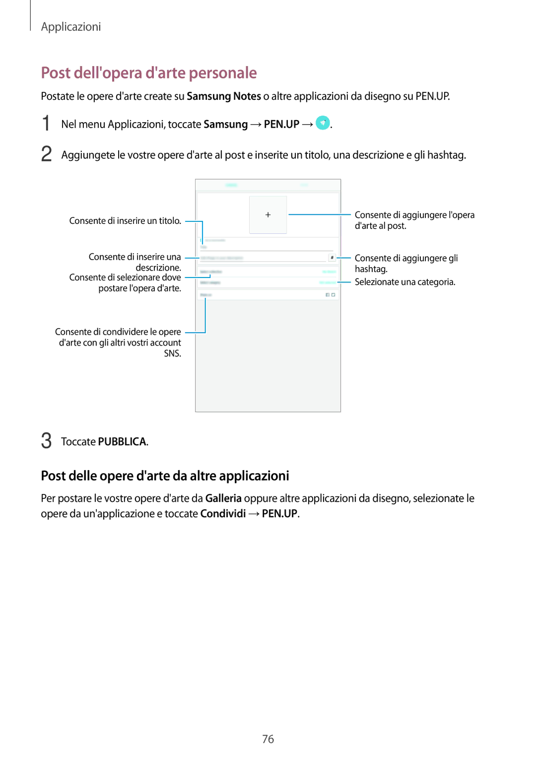 Samsung SM-P580NZKAITV, SM-P580NZKATUR manual Post dellopera darte personale, Post delle opere darte da altre applicazioni 