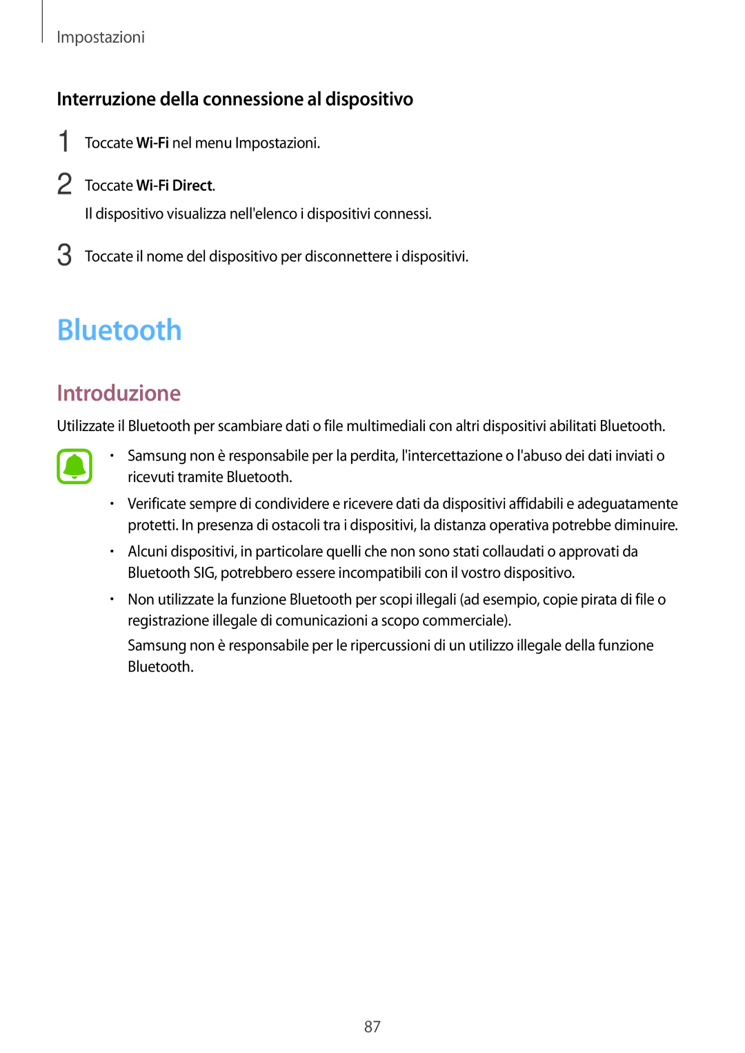 Samsung SM-P580NZKATUR, SM-P580NZKAITV, SM-P580NZWATUR manual Bluetooth, Interruzione della connessione al dispositivo 