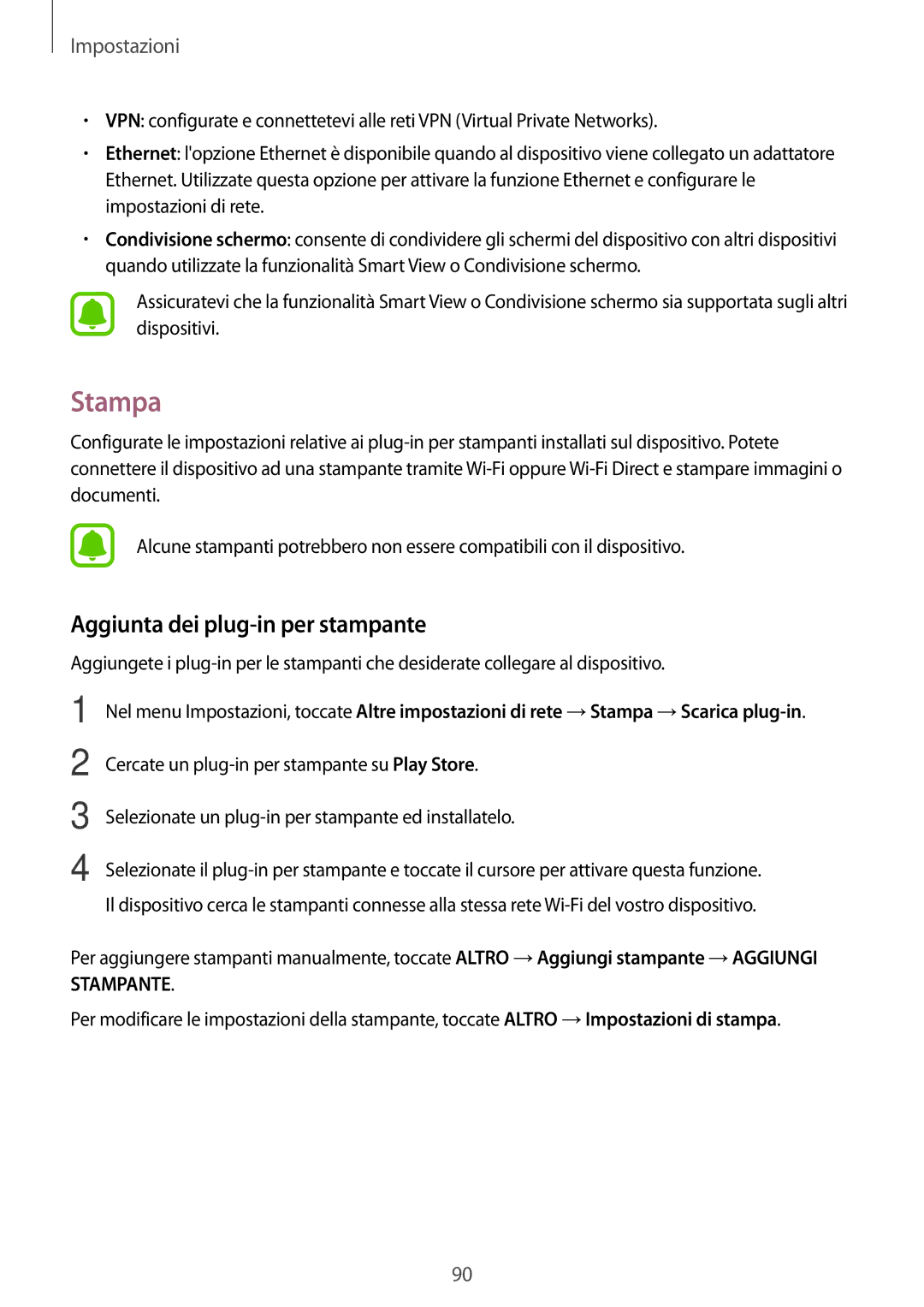 Samsung SM-P580NZKATUR, SM-P580NZKAITV, SM-P580NZWATUR manual Stampa, Aggiunta dei plug-in per stampante 