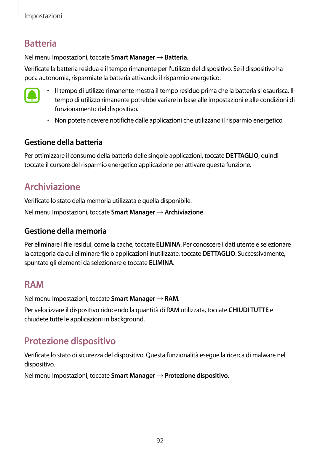 Samsung SM-P580NZWATUR Batteria, Archiviazione, Protezione dispositivo, Gestione della batteria, Gestione della memoria 