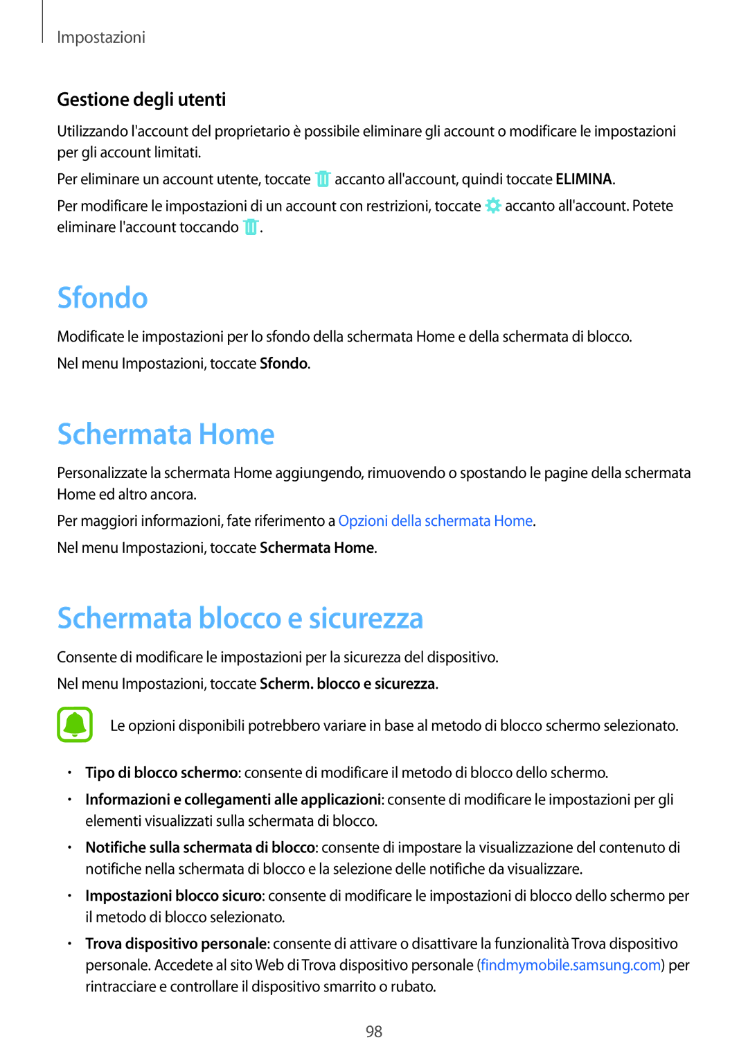 Samsung SM-P580NZWATUR, SM-P580NZKATUR, SM-P580NZKAITV manual Sfondo, Schermata blocco e sicurezza, Gestione degli utenti 