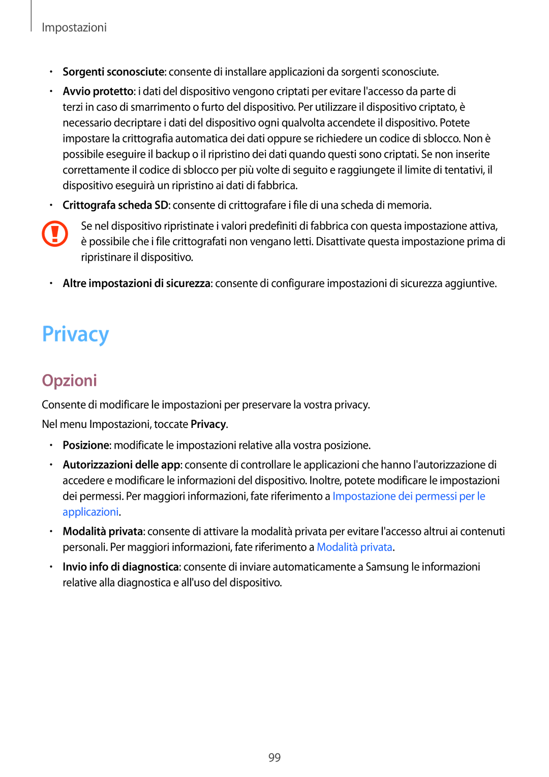 Samsung SM-P580NZKATUR, SM-P580NZKAITV, SM-P580NZWATUR manual Privacy, Opzioni 