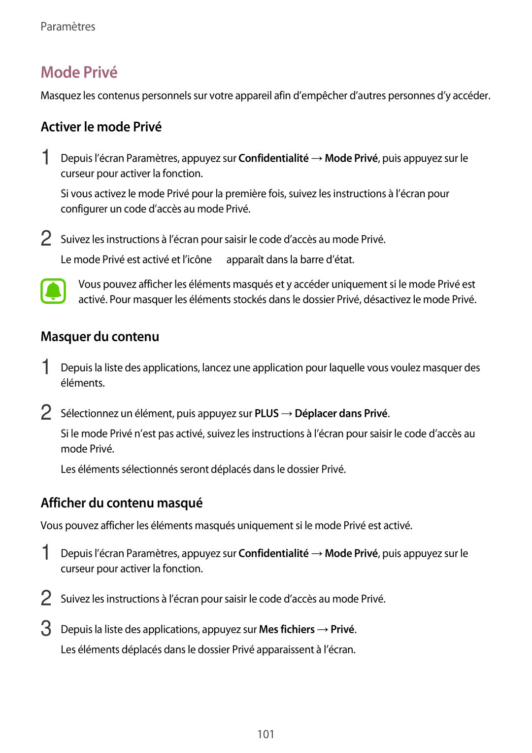 Samsung SM-P580NZKAXEF manual Mode Privé, Activer le mode Privé, Masquer du contenu, Afficher du contenu masqué 