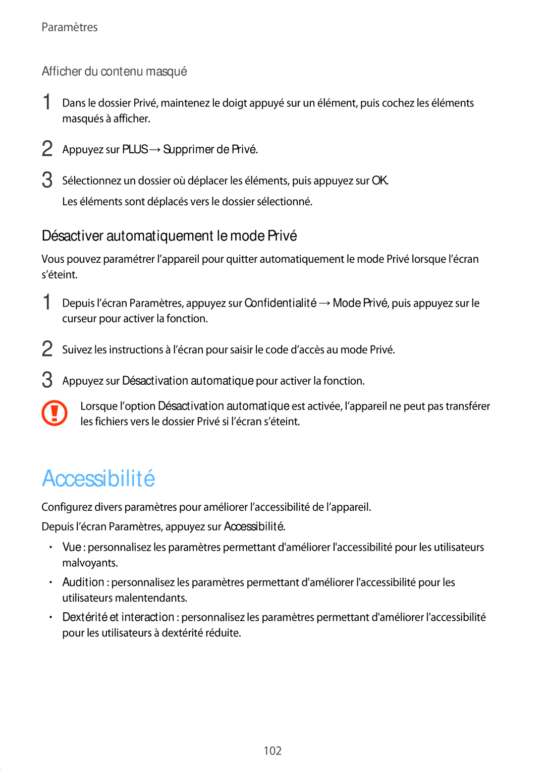 Samsung SM-P580NZKAXEF manual Accessibilité, Désactiver automatiquement le mode Privé 