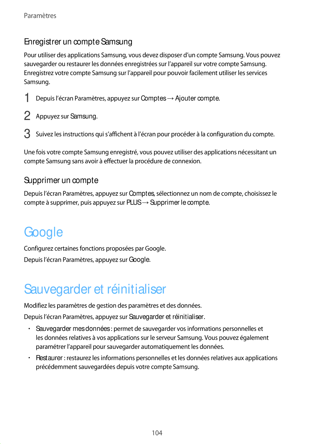 Samsung SM-P580NZKAXEF manual Google, Sauvegarder et réinitialiser, Enregistrer un compte Samsung, Supprimer un compte 