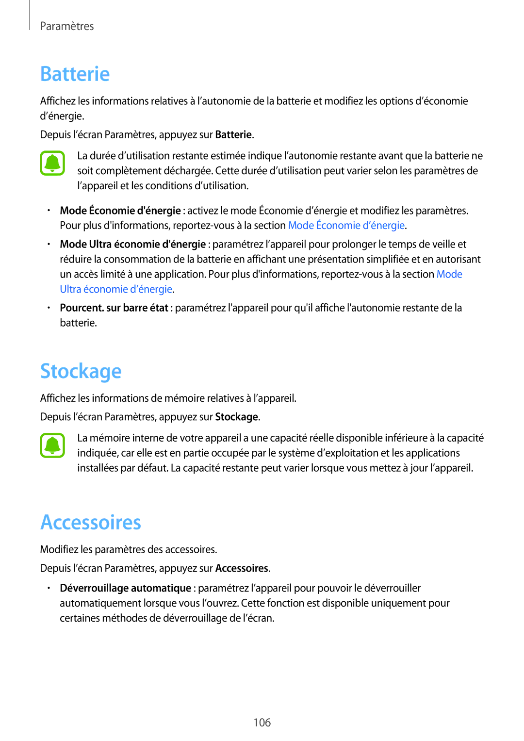 Samsung SM-P580NZKAXEF manual Stockage, Accessoires 