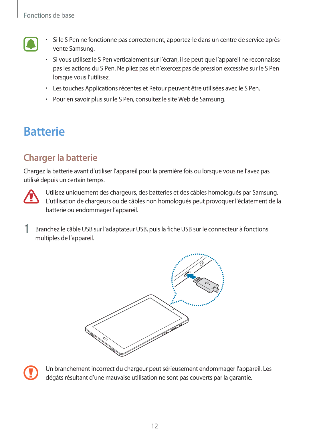 Samsung SM-P580NZKAXEF manual Batterie, Charger la batterie 