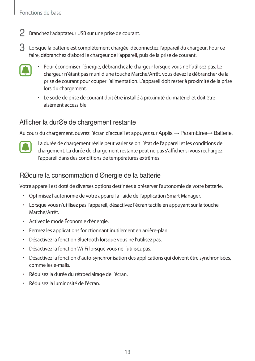 Samsung SM-P580NZKAXEF manual Afficher la durée de chargement restante, Réduire la consommation d’énergie de la batterie 