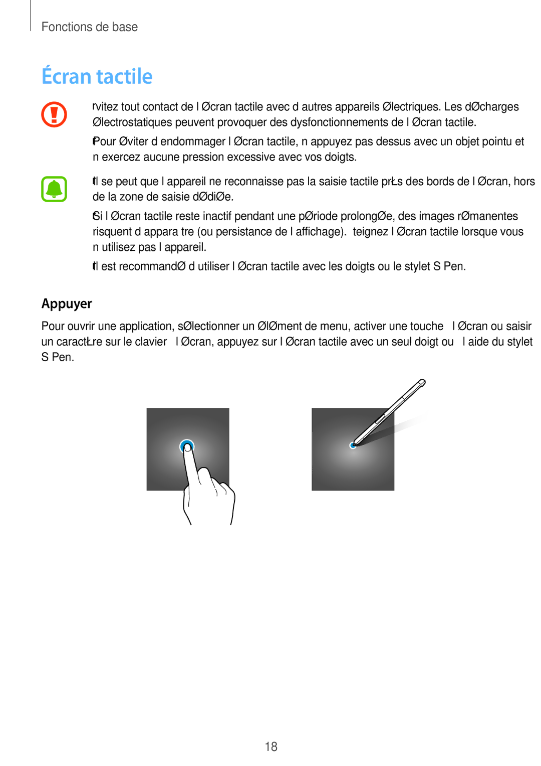 Samsung SM-P580NZKAXEF manual Écran tactile, Appuyer 