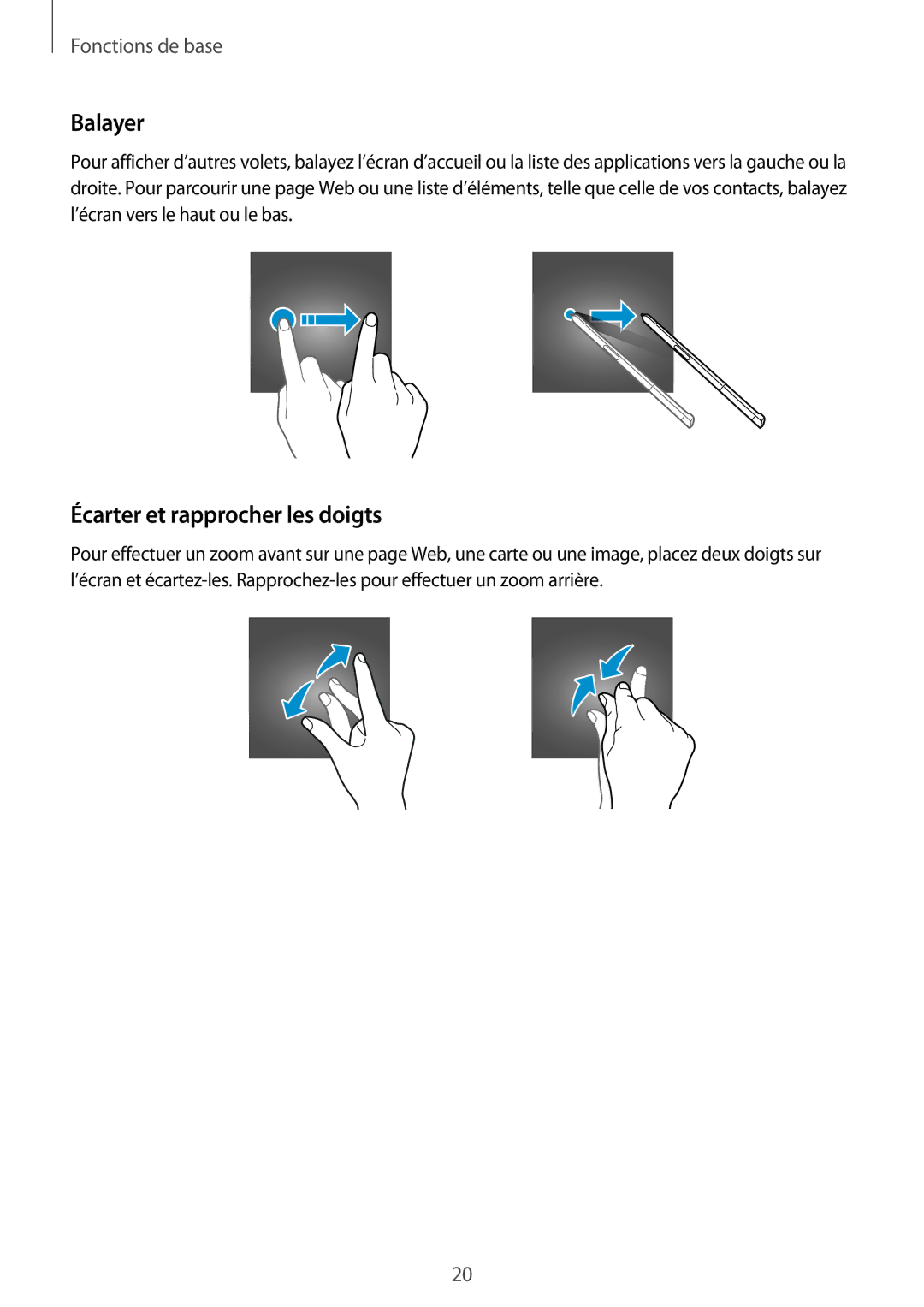 Samsung SM-P580NZKAXEF manual Balayer, Écarter et rapprocher les doigts 