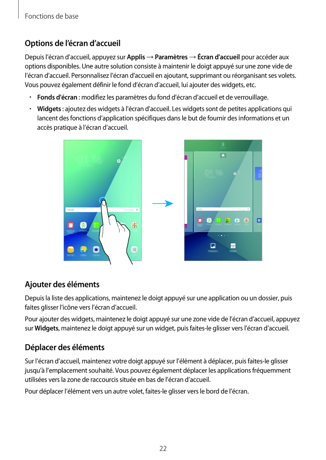 Samsung SM-P580NZKAXEF manual Options de l’écran d’accueil, Ajouter des éléments, Déplacer des éléments 