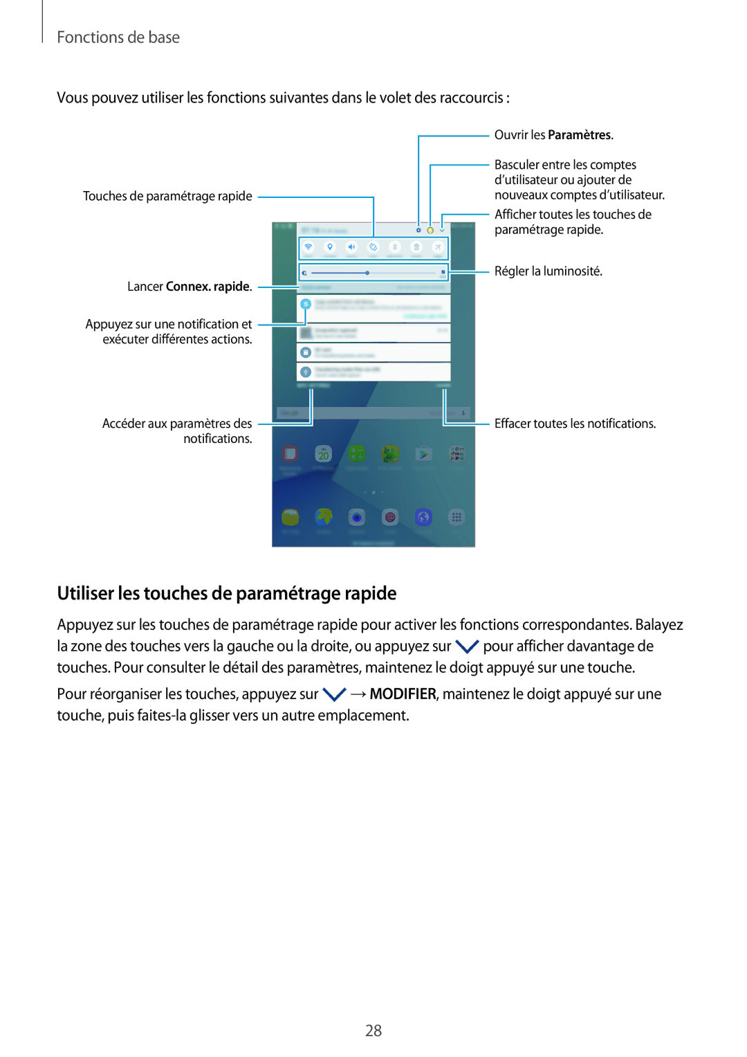 Samsung SM-P580NZKAXEF manual Utiliser les touches de paramétrage rapide, Lancer Connex. rapide 