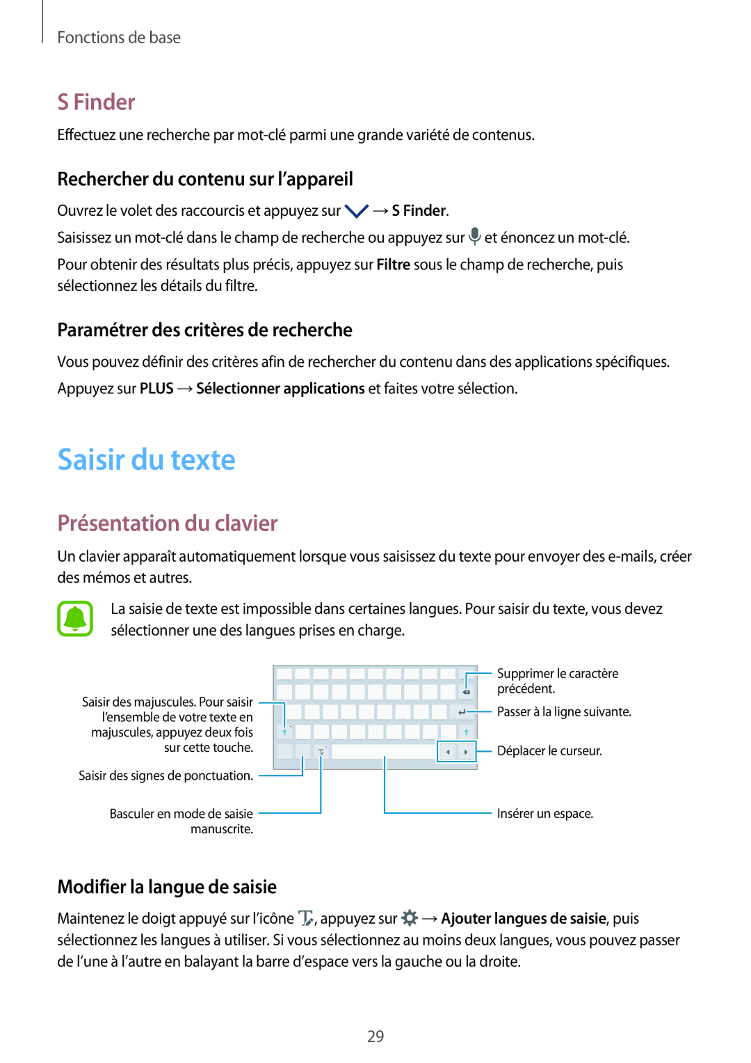 Samsung SM-P580NZKAXEF manual Saisir du texte, Finder, Présentation du clavier 