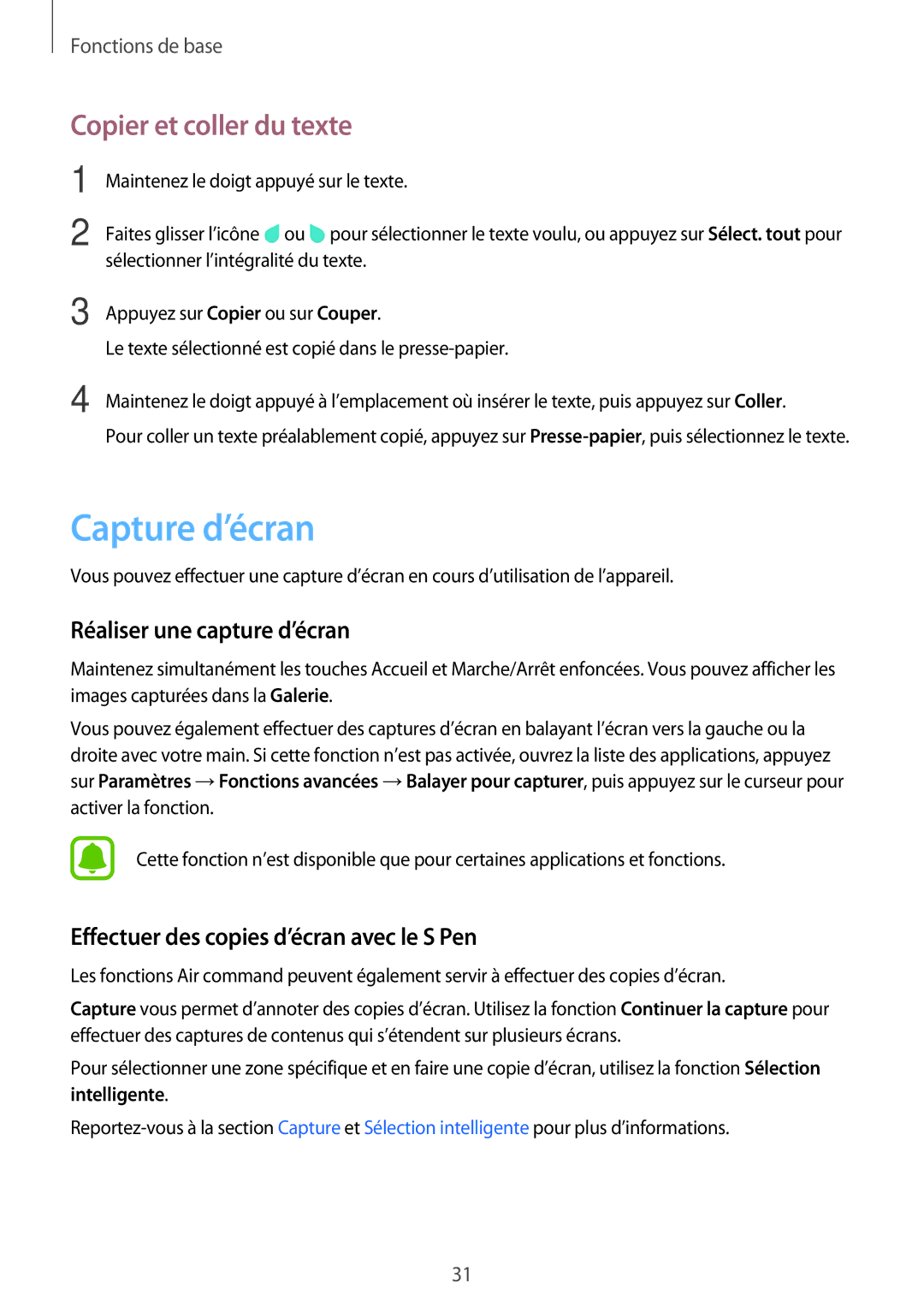 Samsung SM-P580NZKAXEF manual Capture d’écran, Copier et coller du texte, Réaliser une capture d’écran 