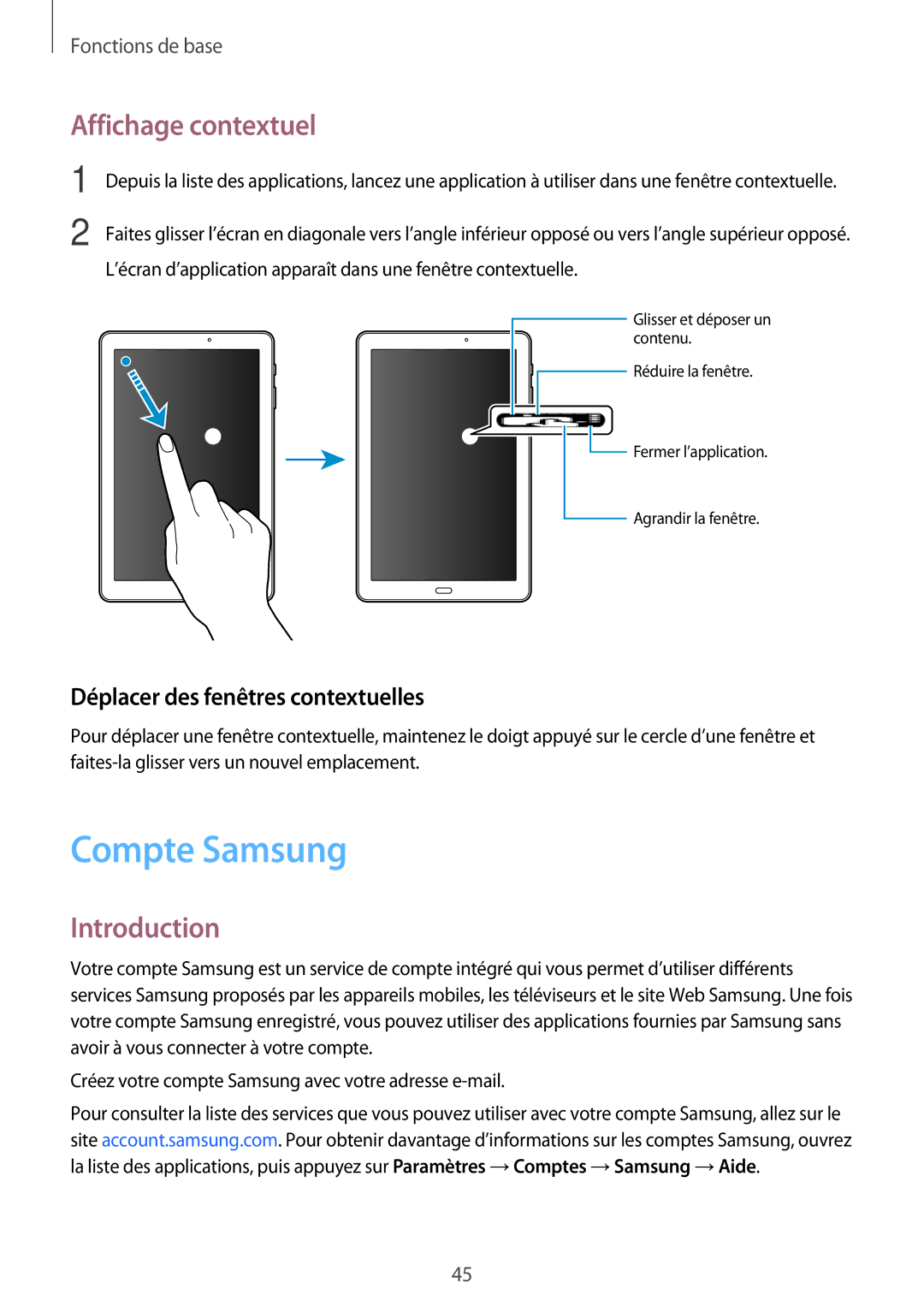 Samsung SM-P580NZKAXEF manual Compte Samsung, Affichage contextuel, Déplacer des fenêtres contextuelles 