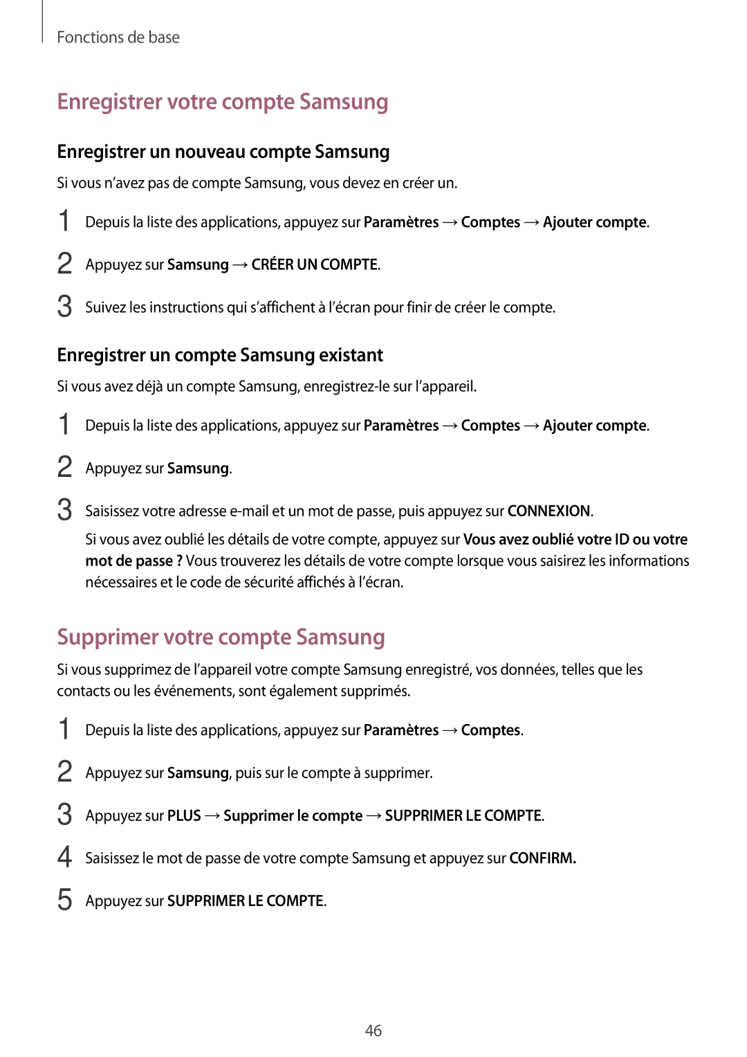 Samsung SM-P580NZKAXEF manual Enregistrer votre compte Samsung, Supprimer votre compte Samsung 