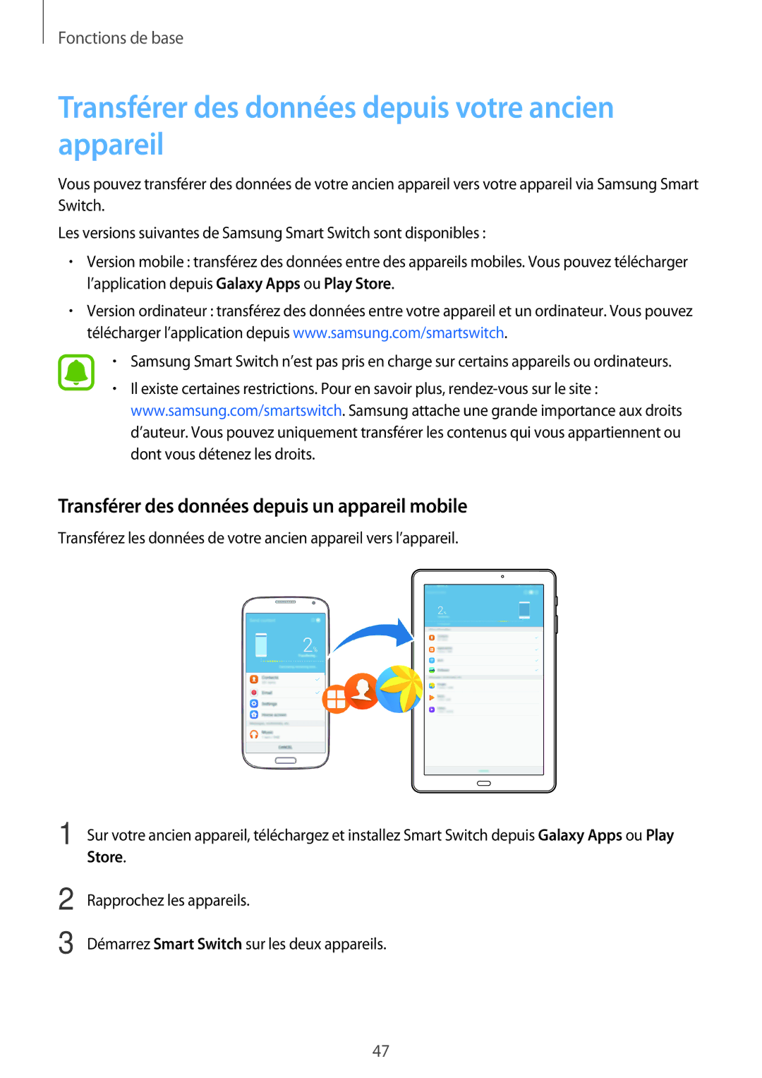 Samsung SM-P580NZKAXEF manual Transférer des données depuis votre ancien appareil 