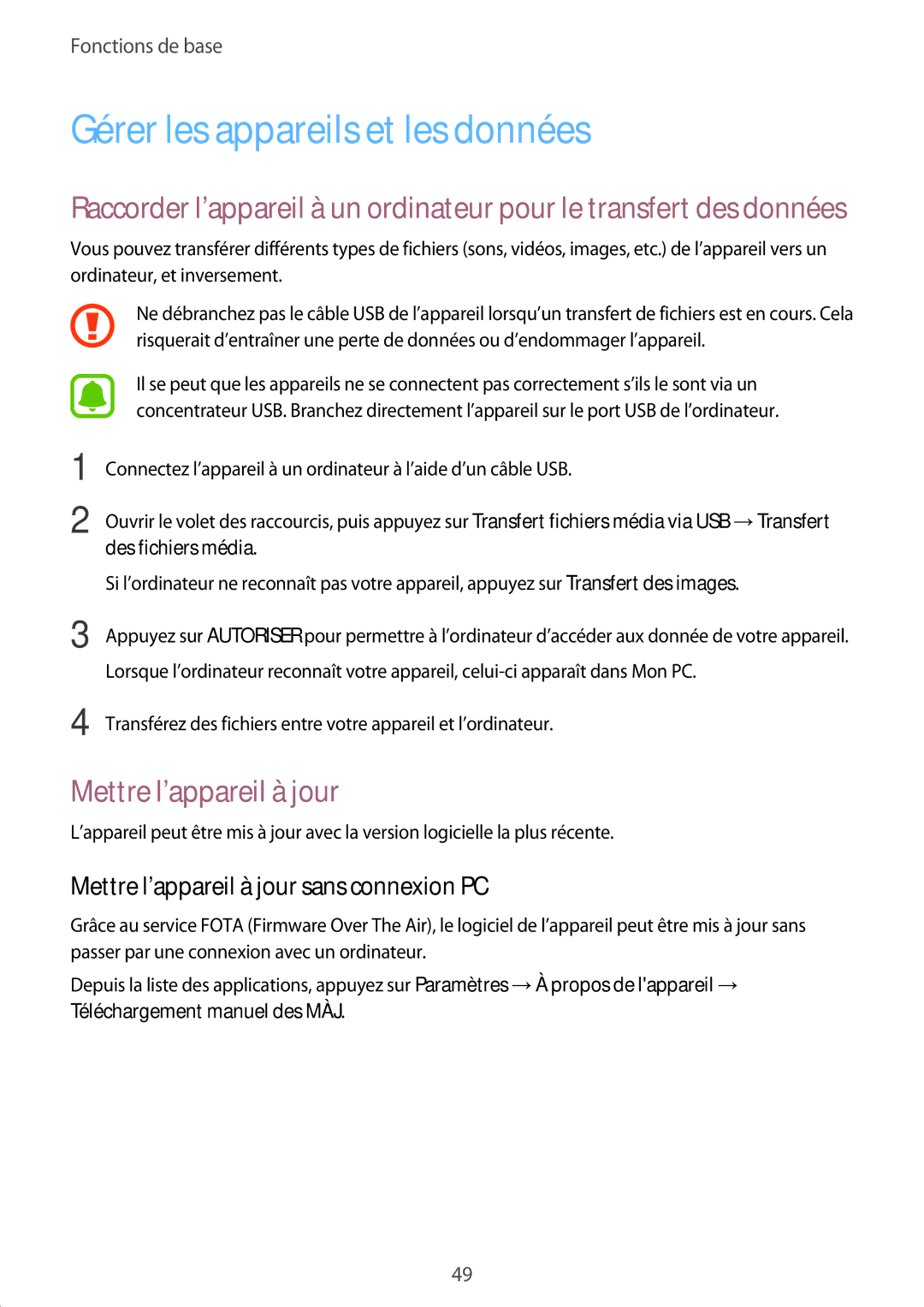 Samsung SM-P580NZKAXEF manual Gérer les appareils et les données, Mettre l’appareil à jour 