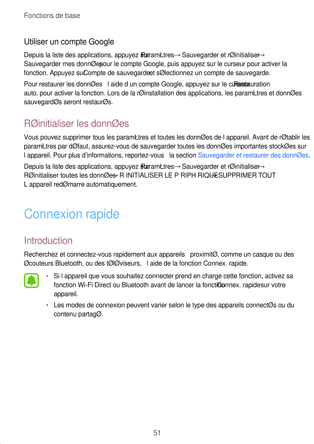 Samsung SM-P580NZKAXEF manual Connexion rapide, Réinitialiser les données, Utiliser un compte Google 