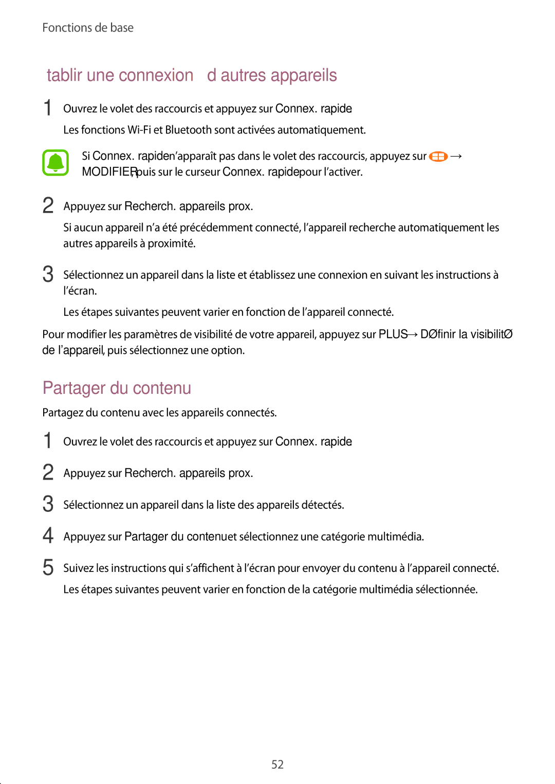 Samsung SM-P580NZKAXEF manual Établir une connexion à d’autres appareils, Partager du contenu 