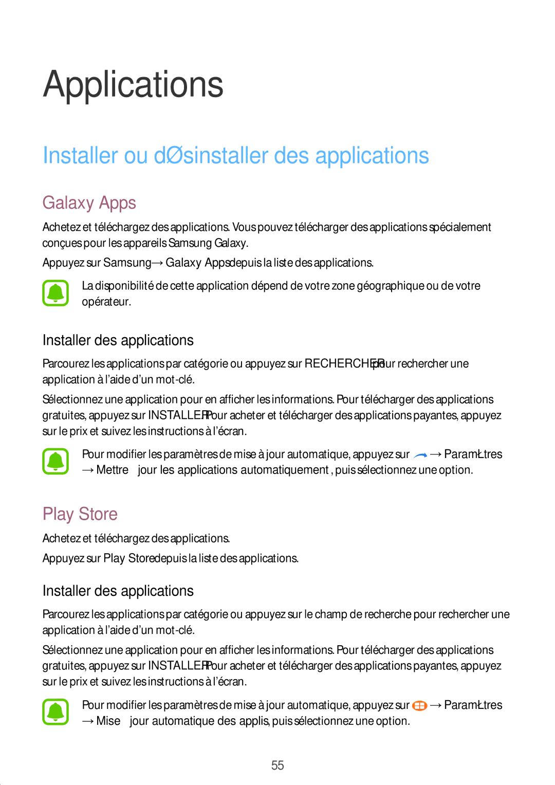 Samsung SM-P580NZKAXEF Installer ou désinstaller des applications, Galaxy Apps, Play Store, Installer des applications 