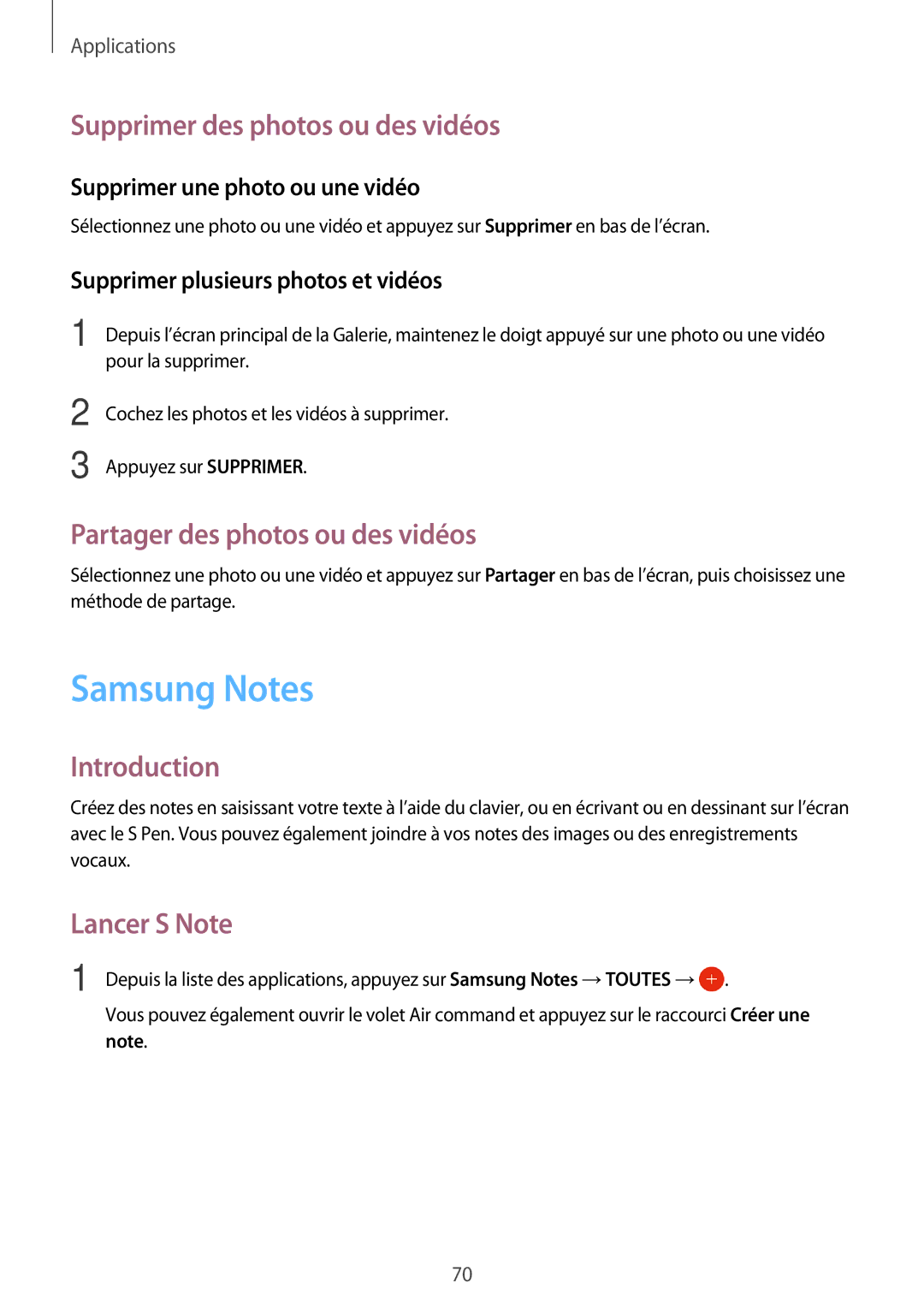 Samsung SM-P580NZKAXEF Samsung Notes, Supprimer des photos ou des vidéos, Partager des photos ou des vidéos, Lancer S Note 