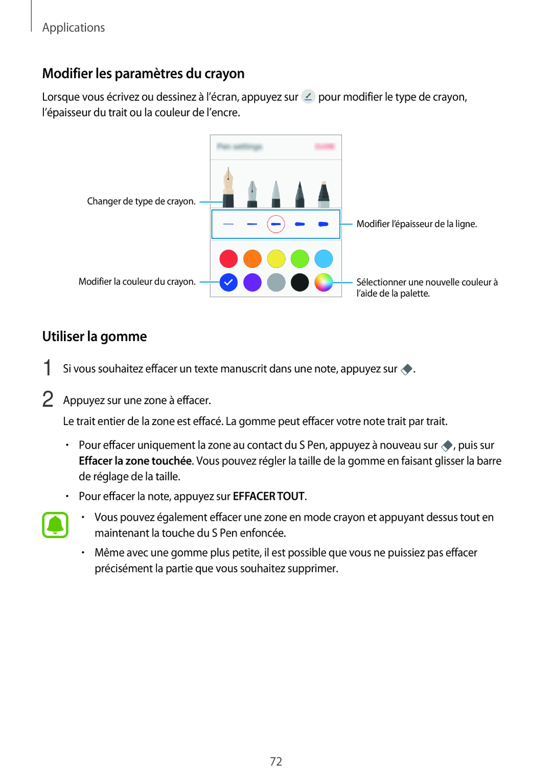 Samsung SM-P580NZKAXEF manual Modifier les paramètres du crayon, Utiliser la gomme 