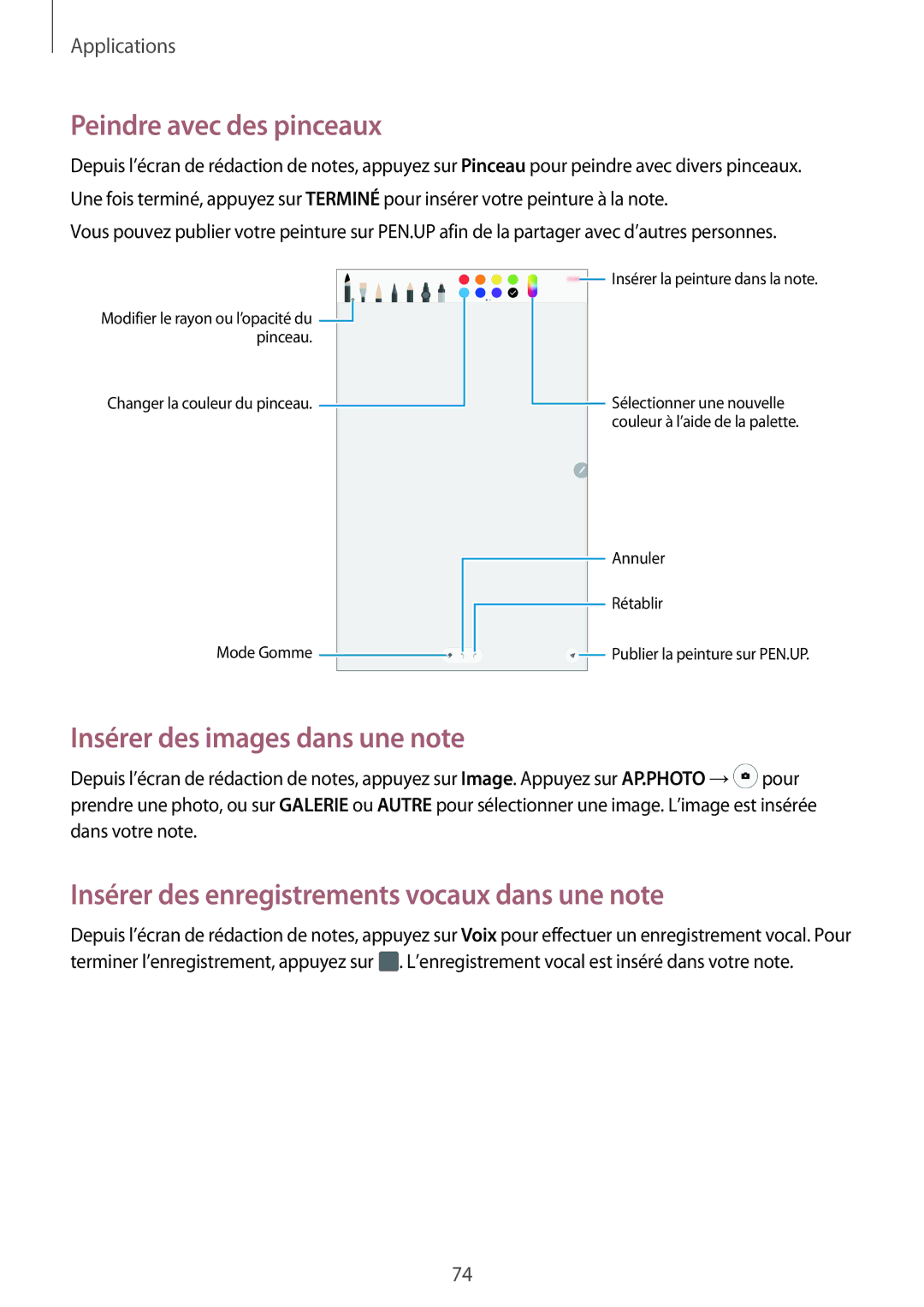 Samsung SM-P580NZKAXEF manual Peindre avec des pinceaux, Insérer des images dans une note 