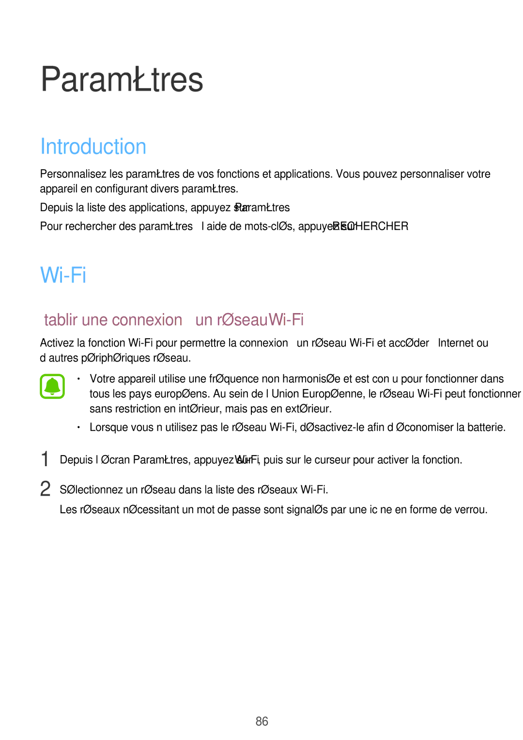 Samsung SM-P580NZKAXEF manual Introduction, Établir une connexion à un réseau Wi-Fi 