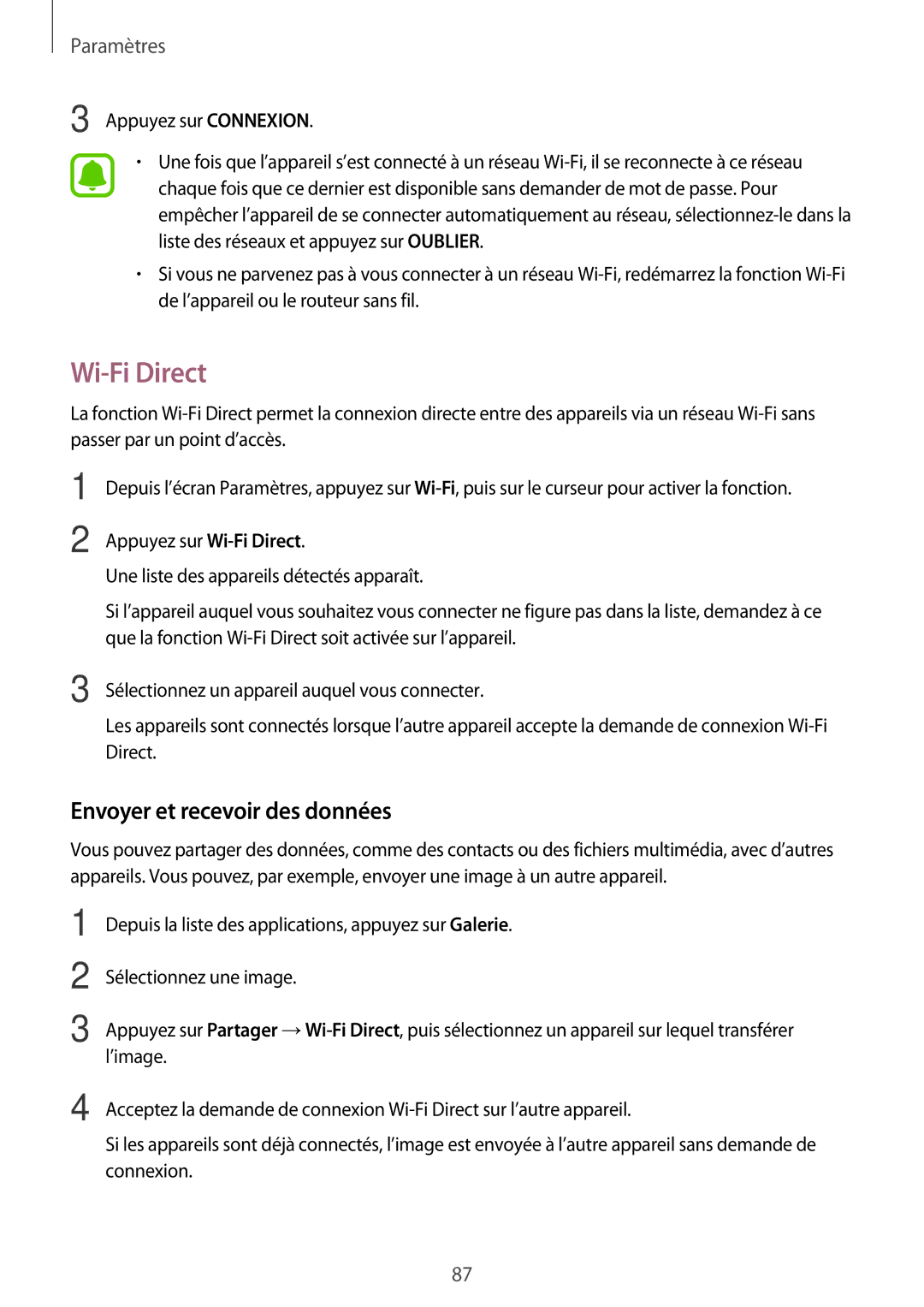 Samsung SM-P580NZKAXEF manual Wi-Fi Direct, Envoyer et recevoir des données 