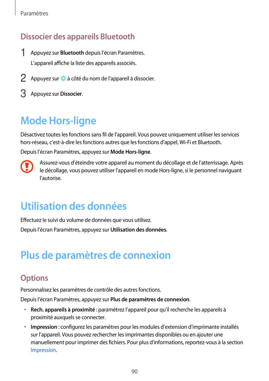 Samsung SM-P580NZKAXEF manual Mode Hors-ligne, Utilisation des données, Plus de paramètres de connexion, Options 