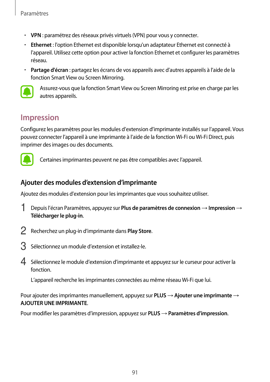 Samsung SM-P580NZKAXEF manual Impression, Ajouter des modules d’extension d’imprimante 