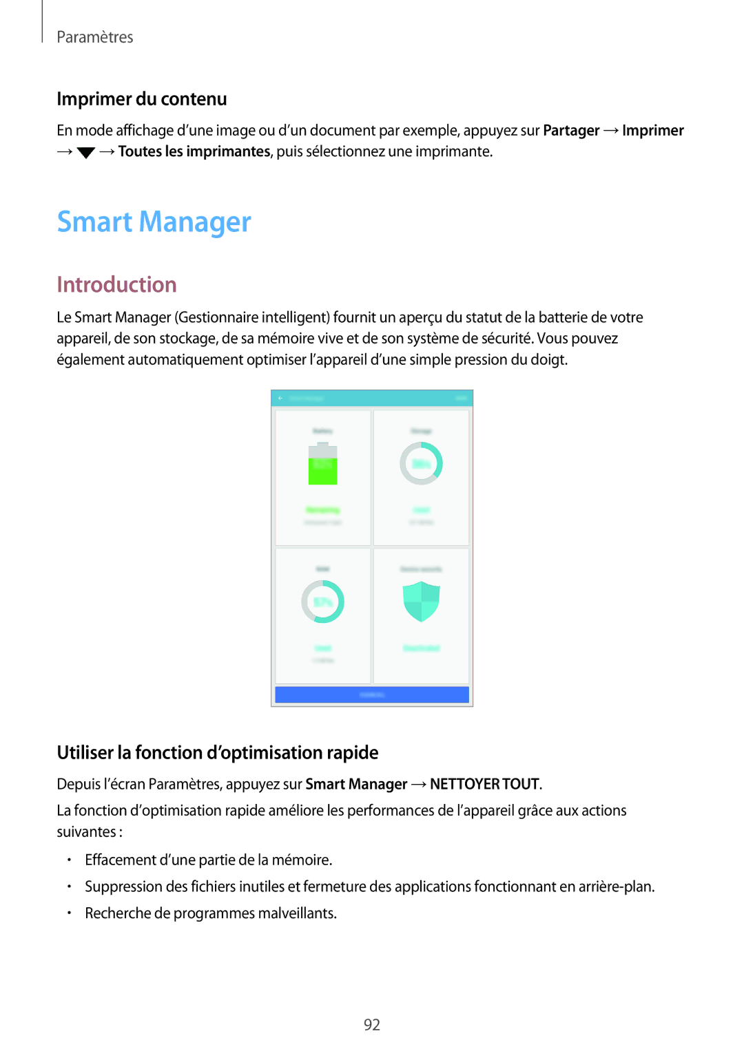 Samsung SM-P580NZKAXEF manual Smart Manager, Imprimer du contenu, Utiliser la fonction d’optimisation rapide 